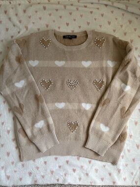 Sew In Love Beige Heart Pearl-Embellished Crewneck Sweater